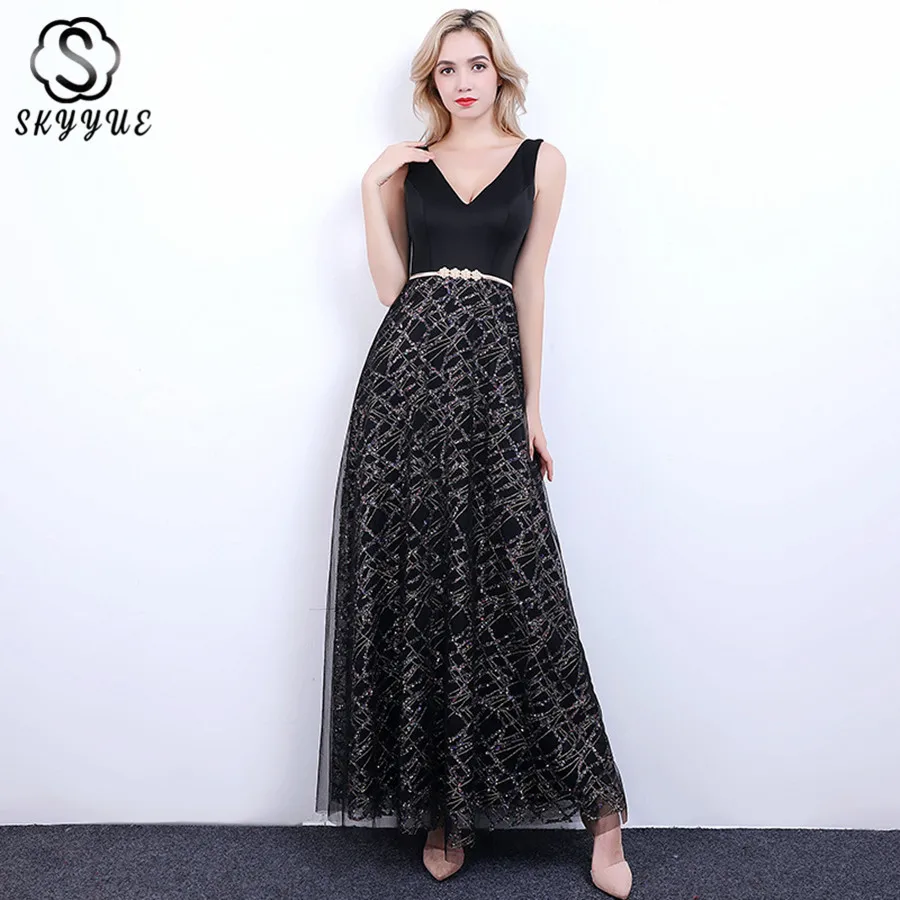 

Skyyue Prom Gown Double V-neck Sleeveless Vestidos De Gala 2019 HH038 Bling Crystal Sequin Women Party Dresses A-line Prom Dress