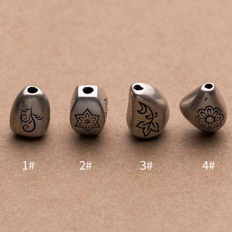 

925 Sterling Silver Matte Finish Craftwork Irregular Spacer Beads Engraved Flower Silver Beads DIY Jewelry Making Fine Bracelets