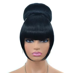 Jeedou Spherical Updos Chignon With Bangs Clip In Hair Bun Pad Donut Rubber Band Hairpieces Synthetic Black Color