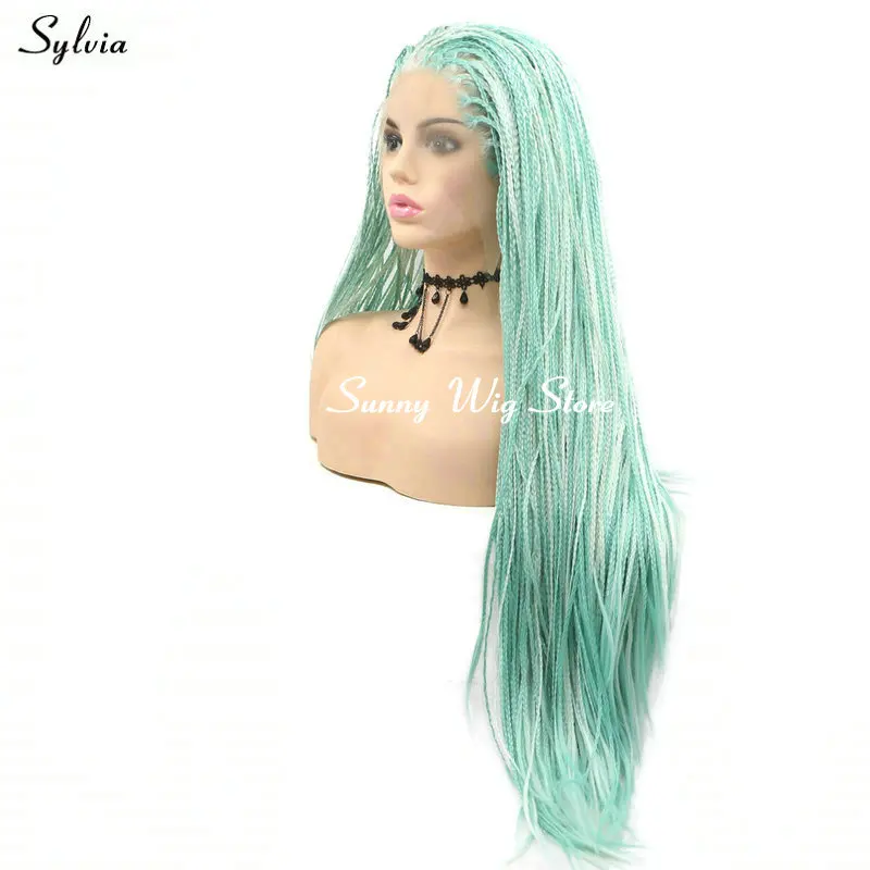 Sylvia Drag Queen Afro America Box Braided Wigs Highlight Color Pastel Blue Green/Lavender Purple Synthetic Lace Front Wigs Hair