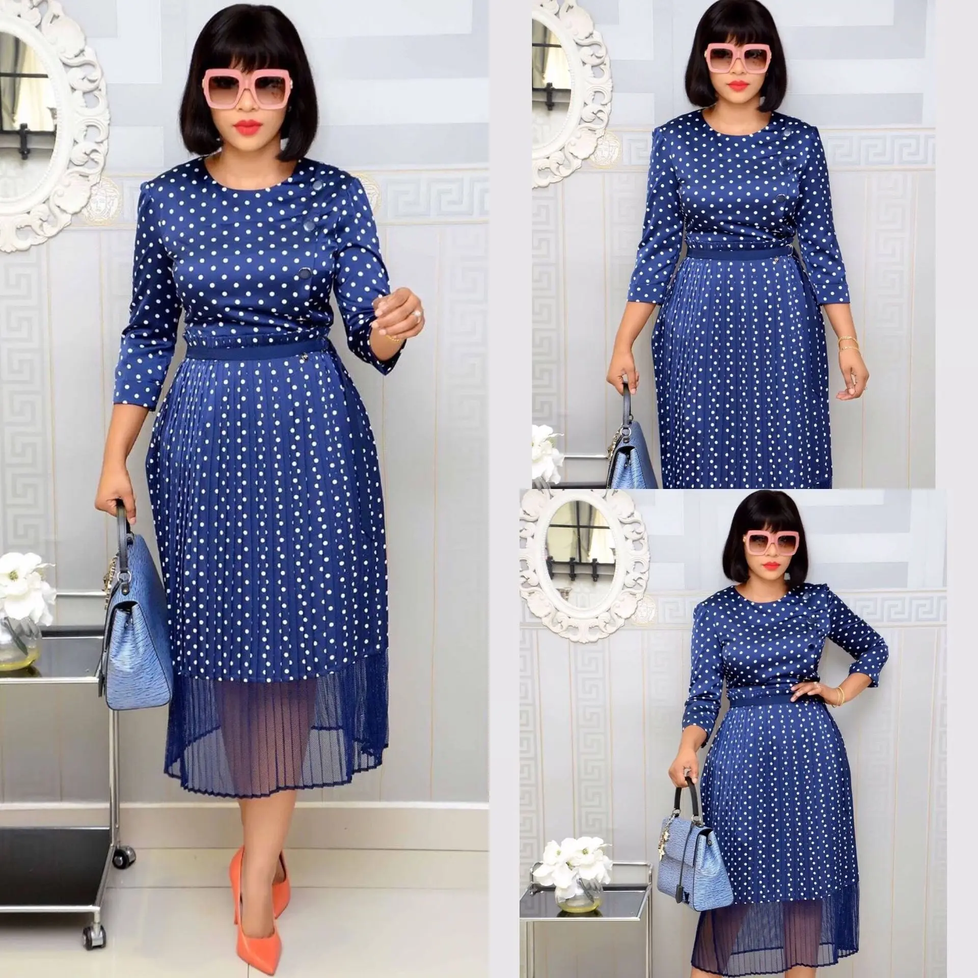 Women Dress Africa Polka Dot Two-Piece Office Work Spring Autumn Elegant Dresses Ladies Large Size 3XL | Женская одежда