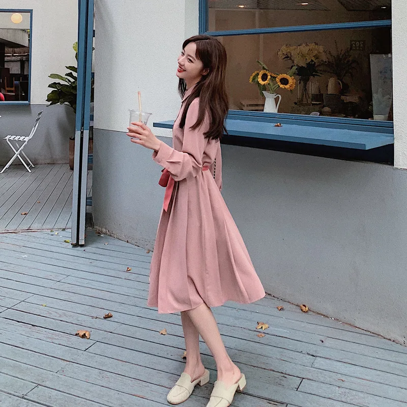 

Photo Shoot Early Autumn Dirty Powder Bowtie Lace-up Pleated Shirt Dress-Waist Hugging by Age Elegant Fashionable Long Sleeve Fa