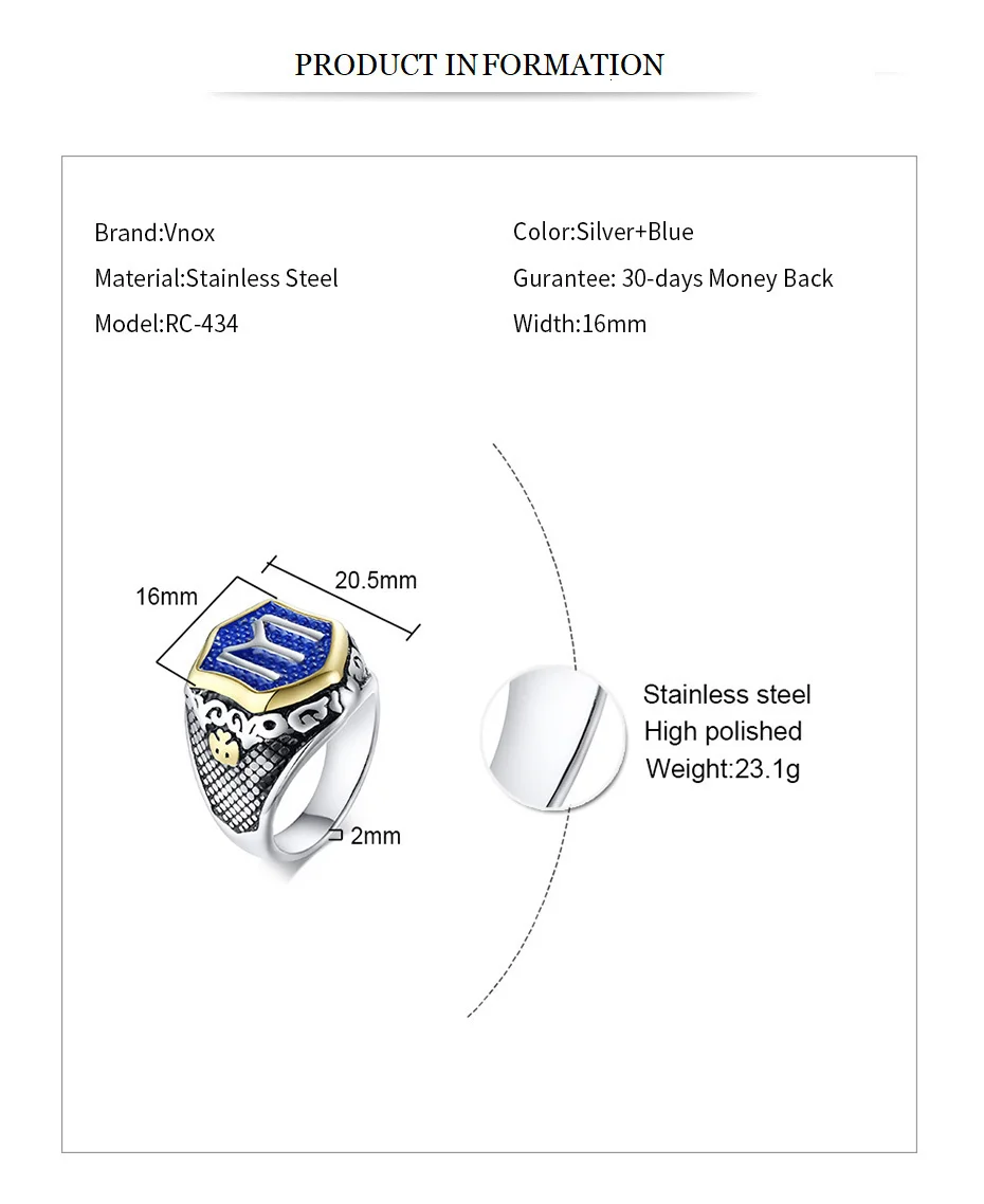 Vnox, жесткое мужское синее шестигранное кольцо с буквой М, кольцо из нержавеющей стали, Крутое кольцо-печатка из Израиля