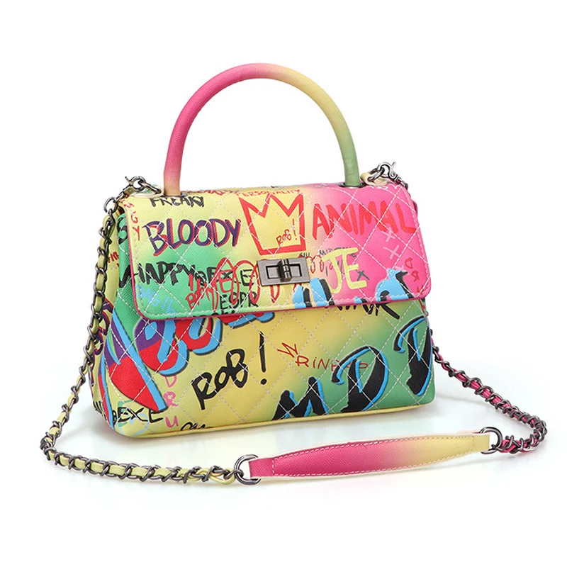 

Luxury Women Totes Bags Graffiti Colorful Handbags High Quality Ladies Leather Bags Designer French Style Bag Chain Shoulder Bag