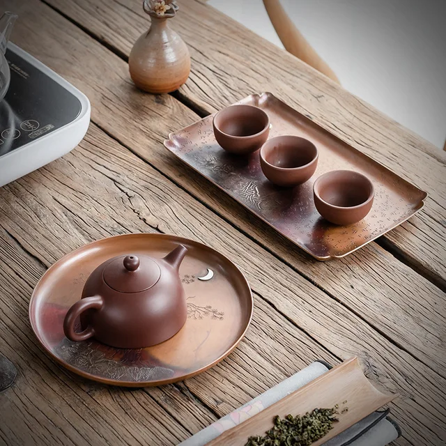 Handmade Silver Gilded Red Copper Water Drop Container Pot Tray Bubble Table Bamboo Tea Tray Water Storage Kung Fu Tea Teaware 4