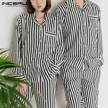 

Fashion Couple Pajamas Sets Striped Women Long Sleeve Tops Long Pants Nightwear Casual Men Sleepwear Sets Homewear S-5XL INCERUN
