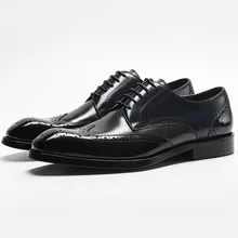 Genuine Cow Leather Square Toe Brogue Shoes Men Designer Dress Shoes Black Red Wine Lace-up Classic Men Shoes Oxford
