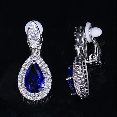 blue clip Новая большая капля воды кубического циркония клип на серьги без пирсинга без отверстия уха клип Ювелирные изделия для женщин Свадьба - Окраска металла: blue clip