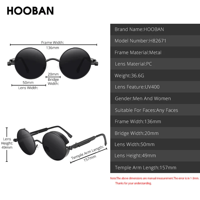 HOOBAN Classic Steampunk Sunglasses Men Women Retro Gothic Round Male's Glasses Fashion Metal Driving Goggle UV400 5