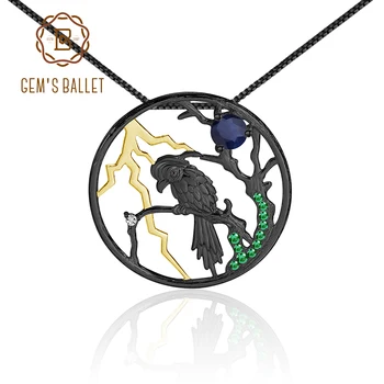 

GEM'S BALLET Natural Blue Sapphire Handmade Halloween Jewelry 925 Sterling Silver Bird on the Tree Pendant Necklace For Women