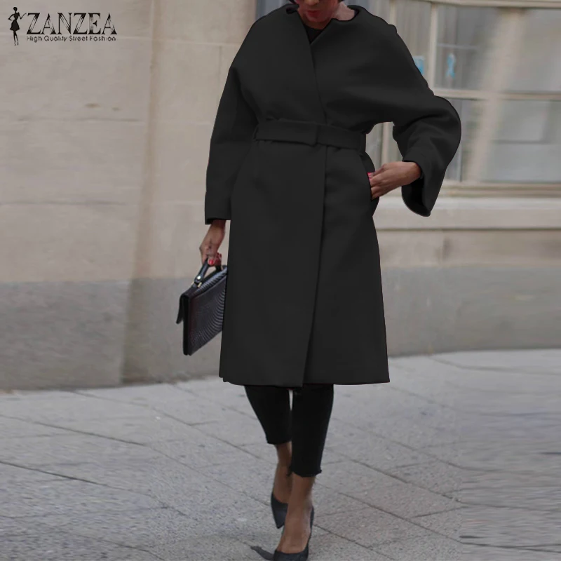 astounding  Women's Coat Winter Flare Sleeve Coats ZANZEA 2019 Female Outwear Belted Jackets Casaco Femme Long 