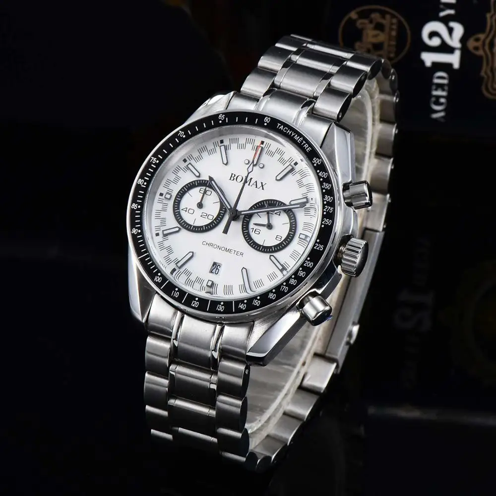 

Chronograph quartz watch luminous hands 40mm japan VKmiyota quartz date steel Strap bracelet black Rotating bezel R-01ab