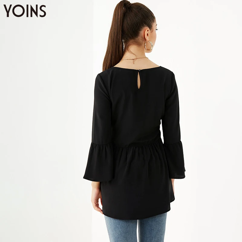 YOINS Весна-осень-зима блузка Для женщин на пуговице с v-образным вырезом на спине и Расклешенным рукавом Повседневное обычные блузки Для женщин топы черного цвета