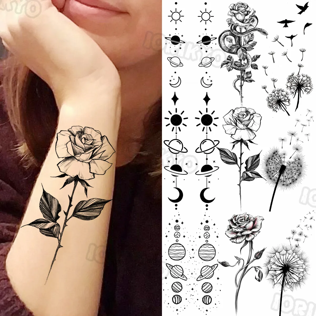 Tatuajes Temporales minimalistas de flores rosas para mujeres y niñas,  tatuajes de diente de león para el espacio exterior, tatuaje de imitación  resistente al agua, pegatina para brazo y pierna|Tatuajes temporales| -