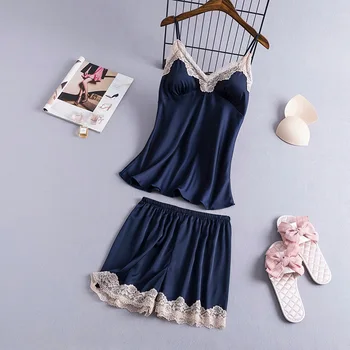 

Casual Nightwear 2PCS Sleep Set Women Sleepwear Satin Intimate Lingerie Pajamas Suit Strap Top&Shorts Sexy Lace Pyjamas Homewear