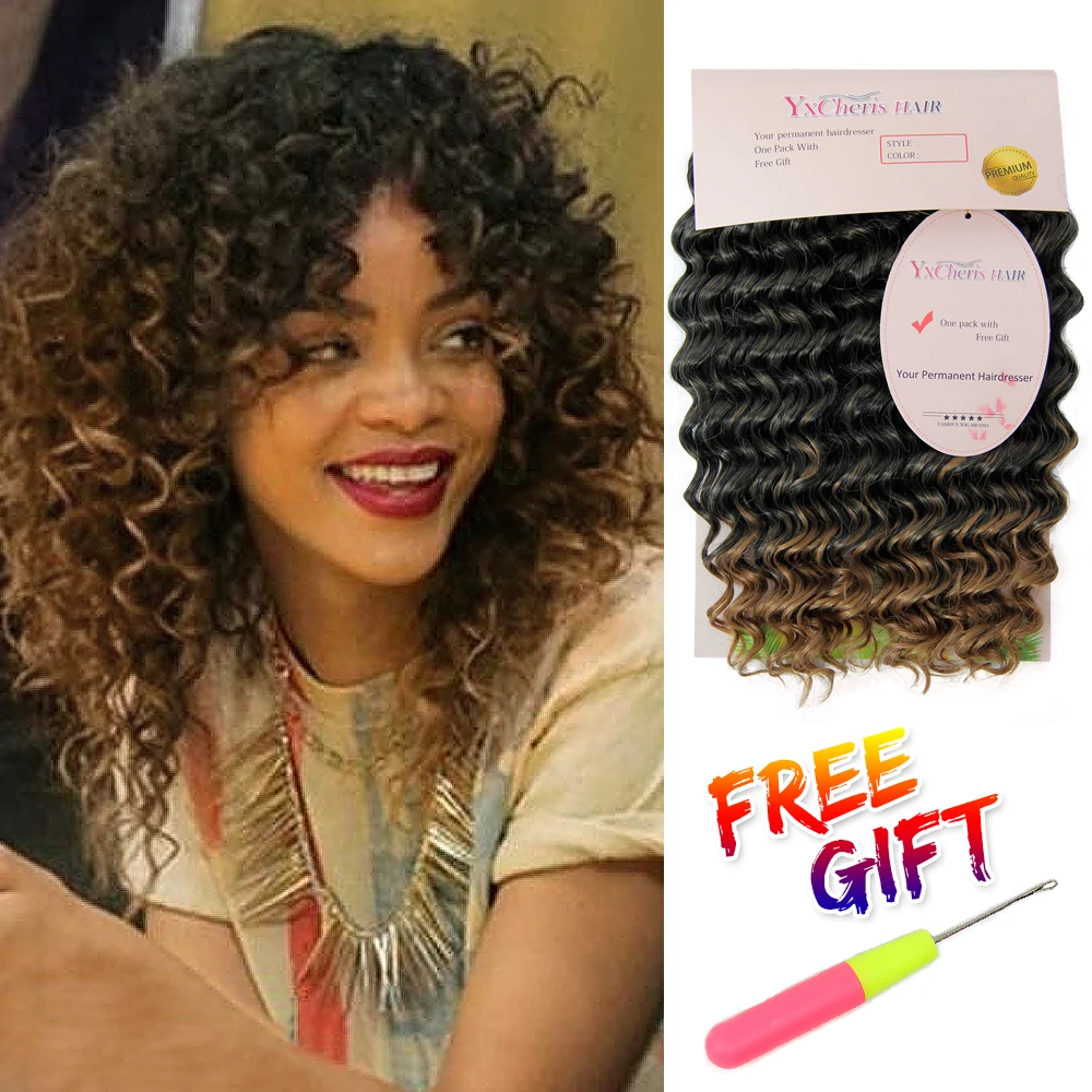 Sintético de la onda profunda del pelo trenzado extensiones de 10 corto 3 unids/pack cabello ombré ondulado extensiones de pelo ondulado