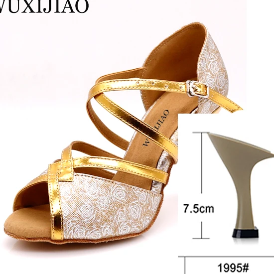 WUXIJIAO розовый узор PU материал черные золотые латинские женские туфли для танцев сальса танцевальные вечерние со стразами Бальные Танцевальные Туфли 9 см - Цвет: Gold heel 7.5cm