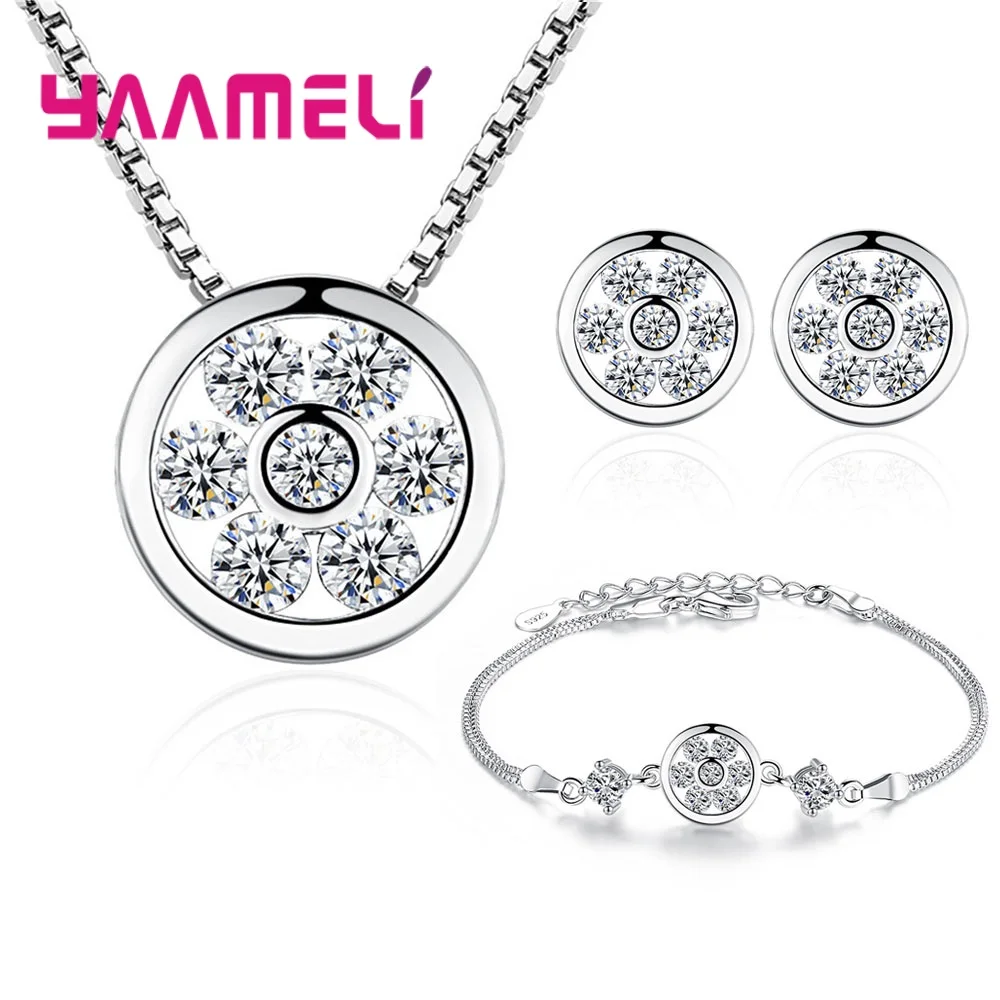 925 стерлингового серебра ювелирные наборы AAAAA подвеска с кубическим Цирконом ожерелье, серьги-пуссеты браслет кристалл цветок для женщин Мода - Окраска металла: White Jewelry Set