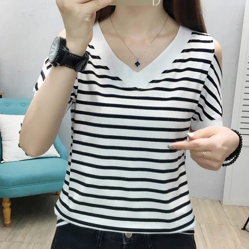 

2021 Summer Off Shoulder Tops Hole Short Sleeve T Shirt Women Stripe V-Neck Korean Style T-Shirt Ladies Clothes Tee Shirt Femme