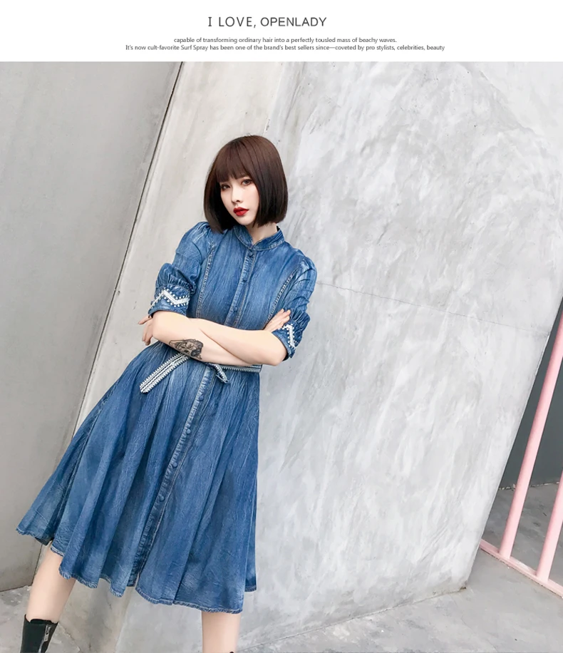 Vintage Spring Autumn Denim Dress Women half sleeve belted A-line Pleated embroidery casual dress
