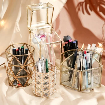 

Creative Pen Holder Desktop Storage Boxes Gold Glass Desk Pen Pencil Organizer Office Sundries Storage School Stationery Holders