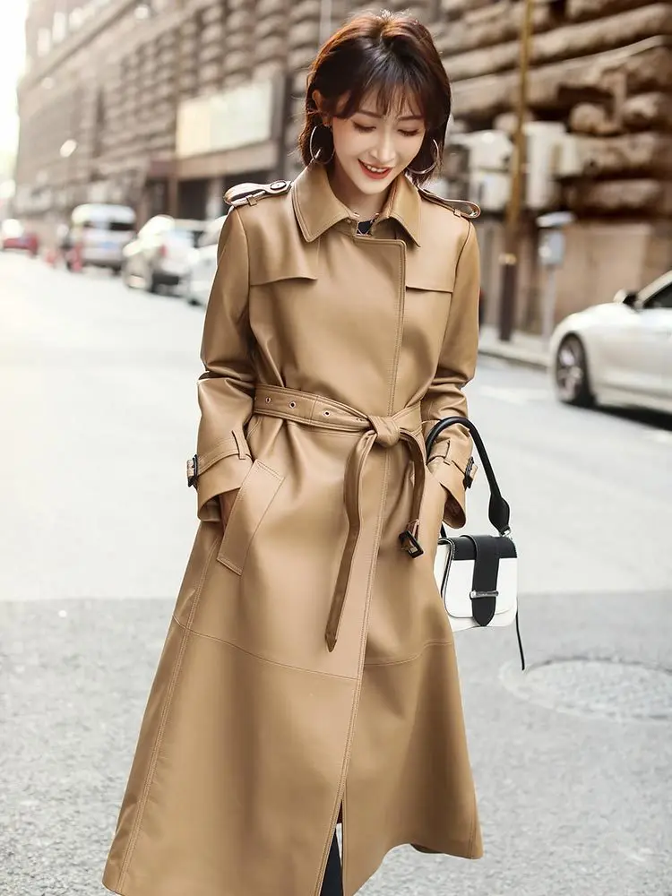 

2020 Long Genuine Jacket 100% Sheepskin Coat Spring Autumn Windbreaker Luxury Leather Jackets Women KJ3524