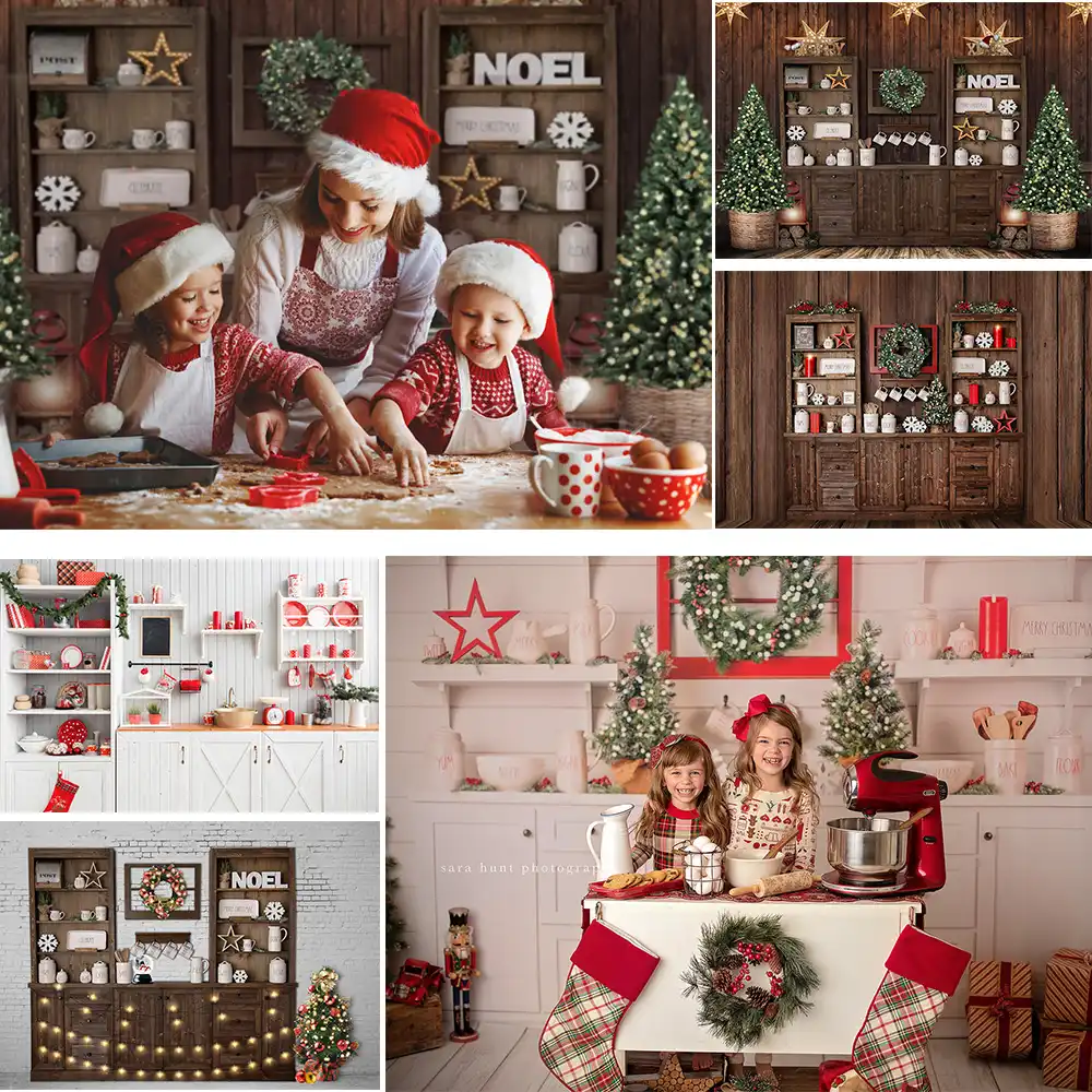 Photography Christmas Kitchen Backdrop Bustic Wood Cupboard Adult Children Winter Portrait Backgrounds Photo Studio Xmas Tree Background Aliexpress