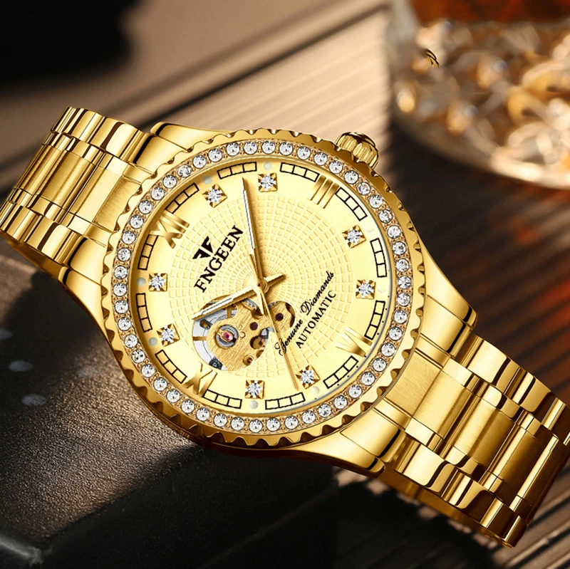 FNGEEN-Reloj de pulsera para hombre, con espejo de cristal recubierto, tallado hueco, dorado, automático, mecánico, estilo británico, resistente al agua - Imagen 3