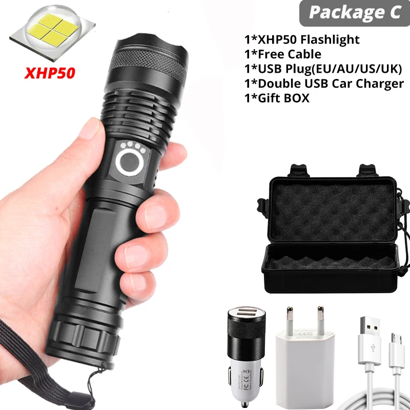 Супер мощный Xlamp XHP70.2 XHP90 светодиодный фонарь USB XHP50 лампа Zoom тактический фонарь 18650 26650 перезаряжаемый аккумулятор - Испускаемый цвет: Package C-XHP50