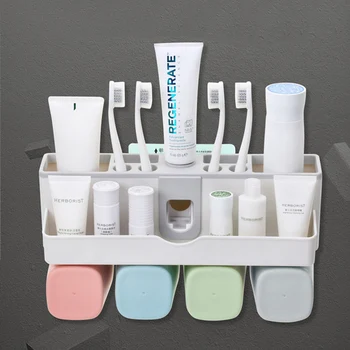 

1Pc Bathroom Accessories Automatic Toothpaste Dispenser Shampoo Holder Wall-Mount Makeup Organizer Shelf Toothbrush Rack