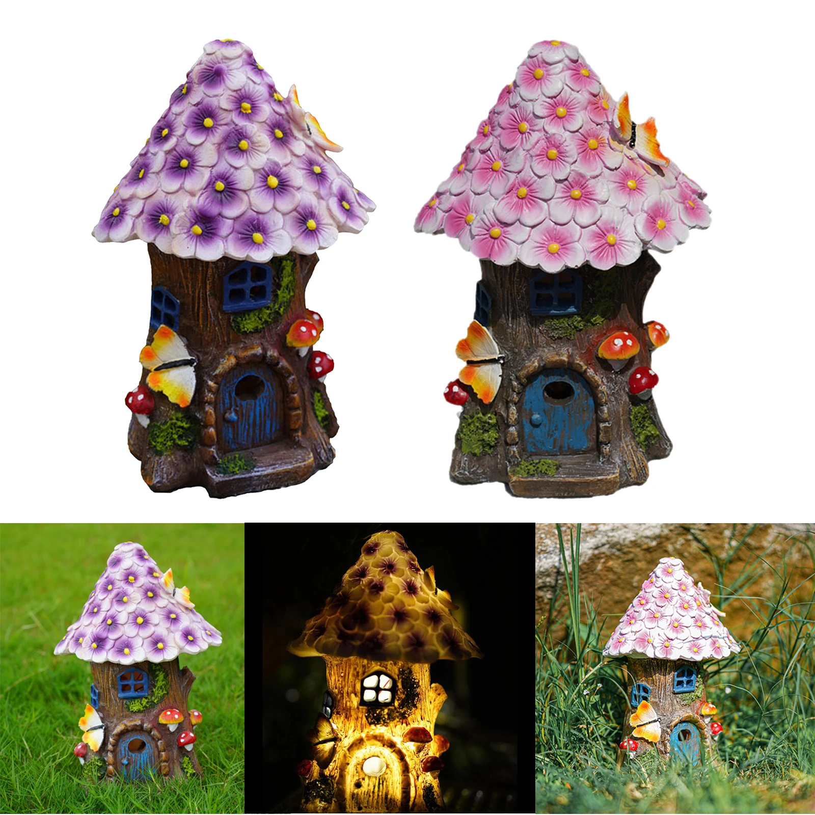 Mini Solar Light Fairy House Statue Home Outdoor Fairy Garden Path Decor Kit