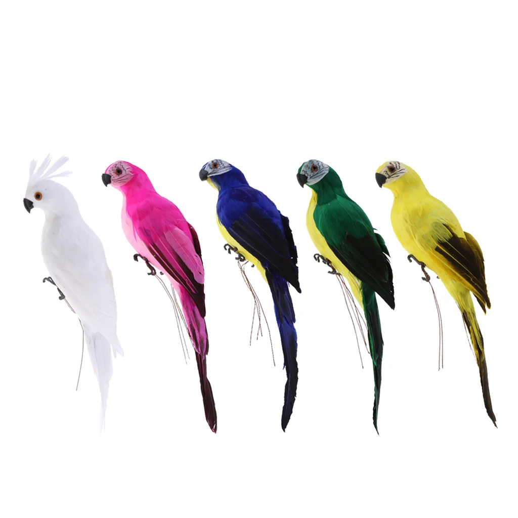 Set of 5 Realistic Macaw Parrot Lifelike Bird Ornament Artificial Feathered Animal Model Statues DIY Lawn Sculpture