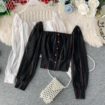 

Striped Square Collar Women T Shirt Preppy Style Long Sleeve Female Tops Tee Shirts Casual Short Style Kawaii Ladies Tshirt