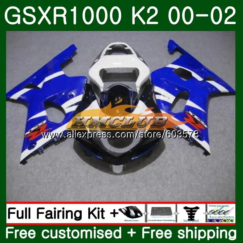 Корпус для SUZUKI GSXR-1000 GSXR 1000 GSXR1000 00 01 02 9CL. 48 GSX-R1000 00 02 K2 GSX R1000 2000 2001 2002 Горячая сине-белый обтекатель