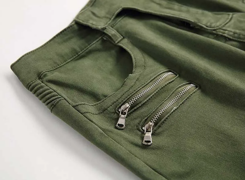 Mcikkny Fashion Mens Biker Jeans Pants Multi Pockets Motorcycle Denim Trousers For Male Army Green (4)