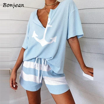 

Two Piece Set Women Lounge Wear Hope Boat Anchor Print Off V-neckT Shirt Top And Regular Striped ShortsSets Summer 2 Piese Set