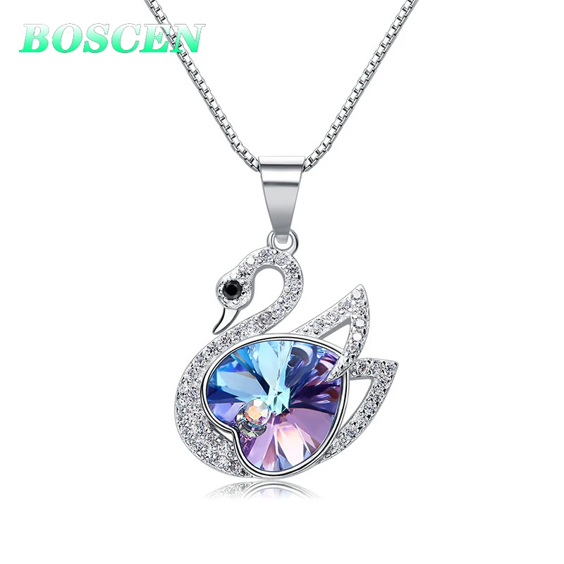 

BOSCEN 925 Sterling Silver Pendant Necklace For Women Birthday Gift Swan Embellished With Crystals From Swarovski Heart Love