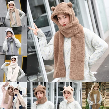 

Women Winter One-Piece Hat Scarf Cute Bear Ears Hooded Earflap Cap Thicken Plush Thermal Solid Color Neck Warmer Gift