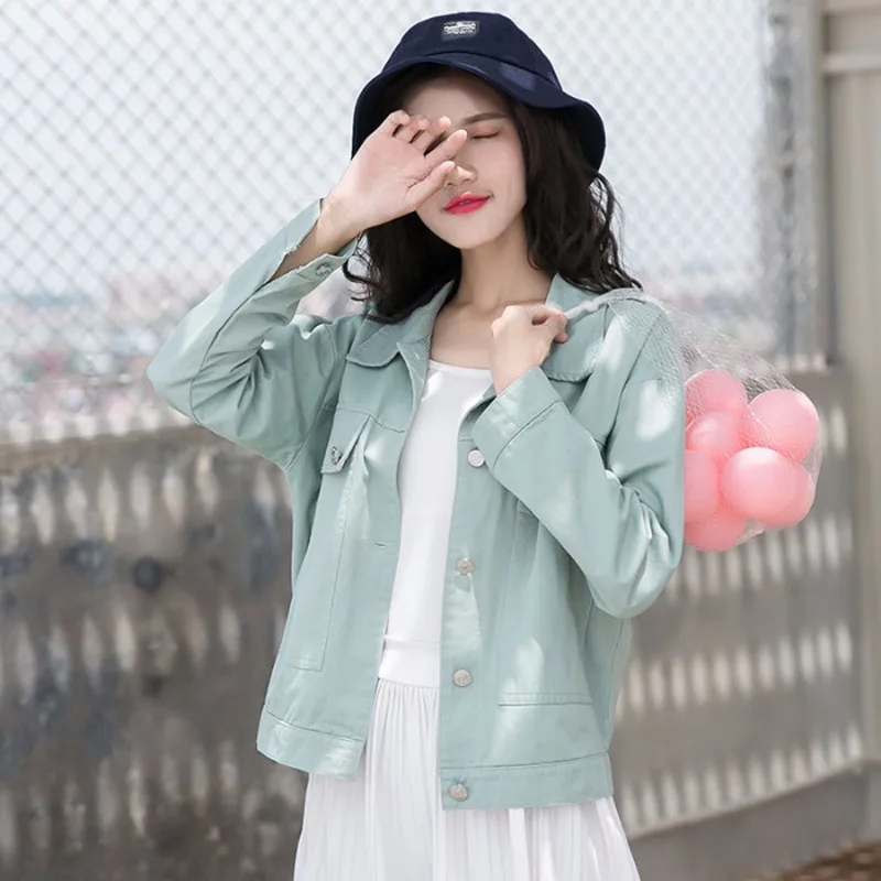 

Spring Women's Short Harajuku Washed Tooling Student Denim Jacket Korean Loose Chic Big pocket Solid color Wild Casual Jean Coat
