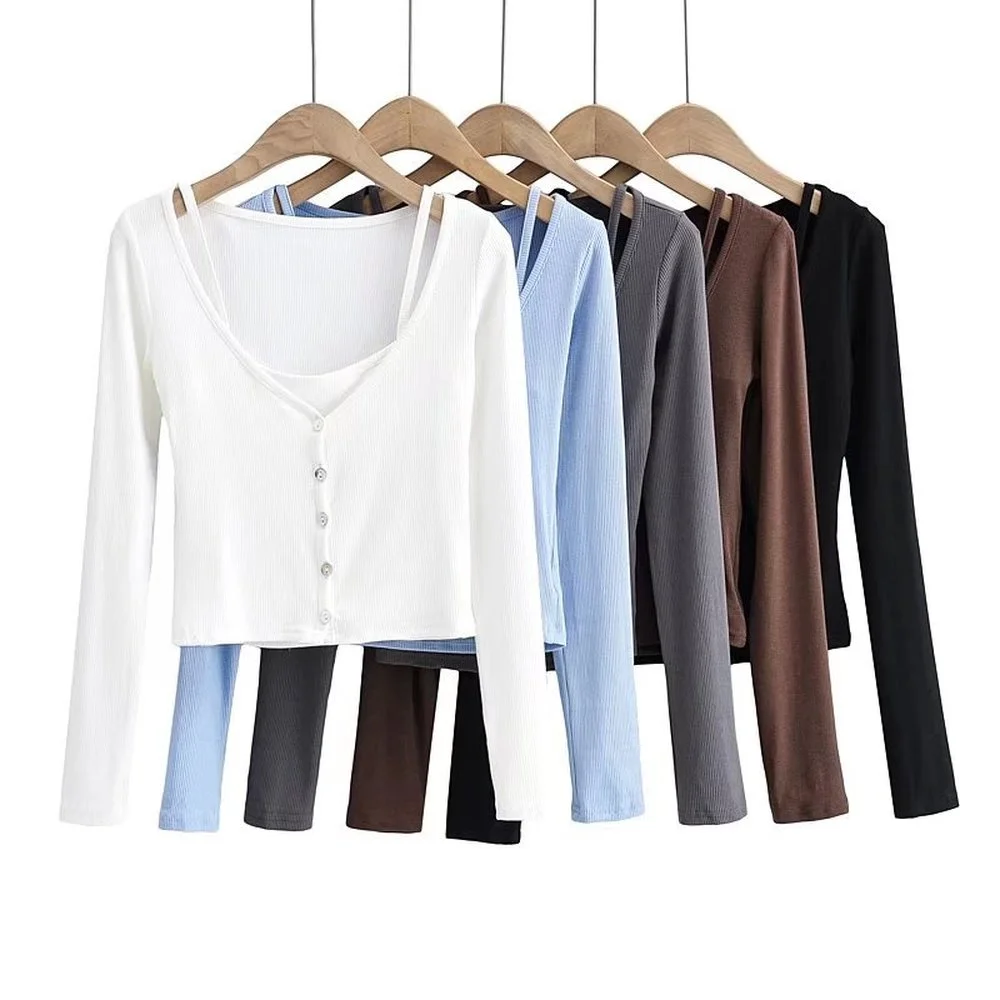 

2021 Fall Knitted Fake Two-piece Patchwork Cardigan Women V Neck Long Sleeve Sexy Hollow Out Sweater Casual Cropped Tops Clothes