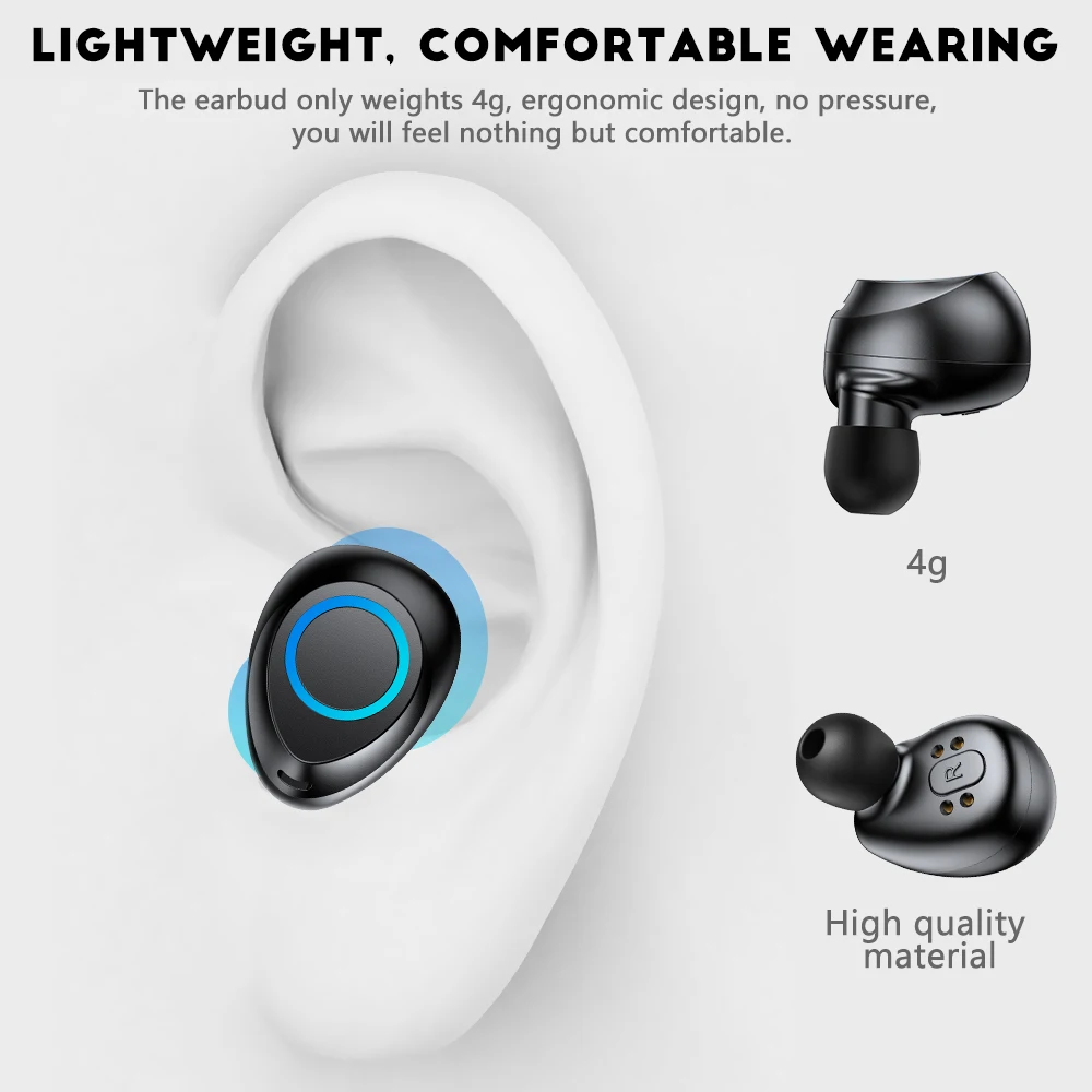 Stereo True Wireless Earphone Bluetooth 5.0 Earphones Noise Cancelling in-Ear Waterproof Earpiece with Mic Handsfree Headset