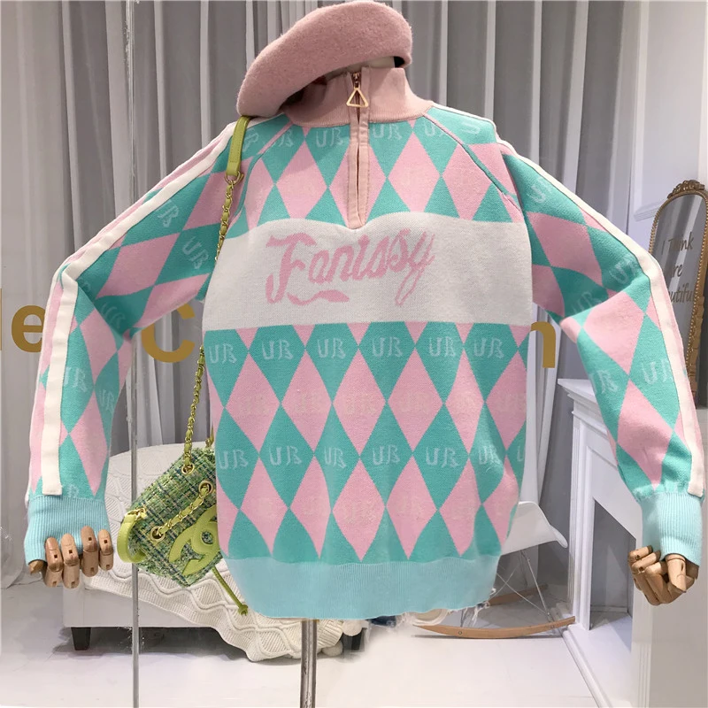 

2019 New Autumn and Winter Turtleneck Knitted Sweater Women's Diamond Pattern Loose Pullover Sweater Oversize Knitwear