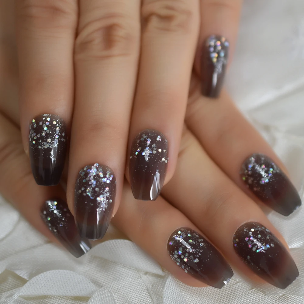 

Brown Glitter Fake Nail Jelly Medium Sparking Nails Decoration Sticky Coffin Designed Daily Artificial Nail