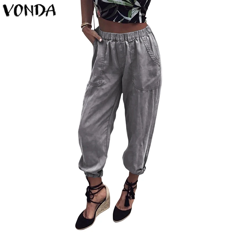 VONDA, женские уличные штаны, хлопок, Военные зеленые брюки-карго, повседневные Капри с завязками, женские брюки с карманами, брюки размера плюс - Цвет: Серый
