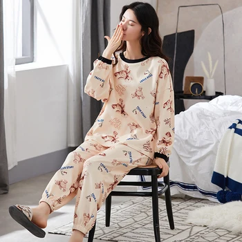 

BZEL 100% Cotton Sleepwear Women's Comfortable Home Suit Cute Cartoon Bears Pattern Nightwear O-Neck Pijamas Mujer Loose Pyjamas