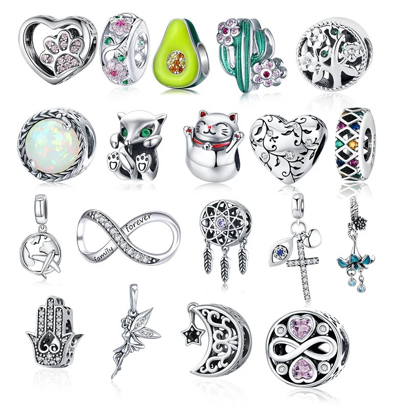 BISAER Hot Sale 925 Sterling Silver Heart Star Princess Crown Bowknot Dream Catcher Charms Beads fit Silver 925 Jewelry Making