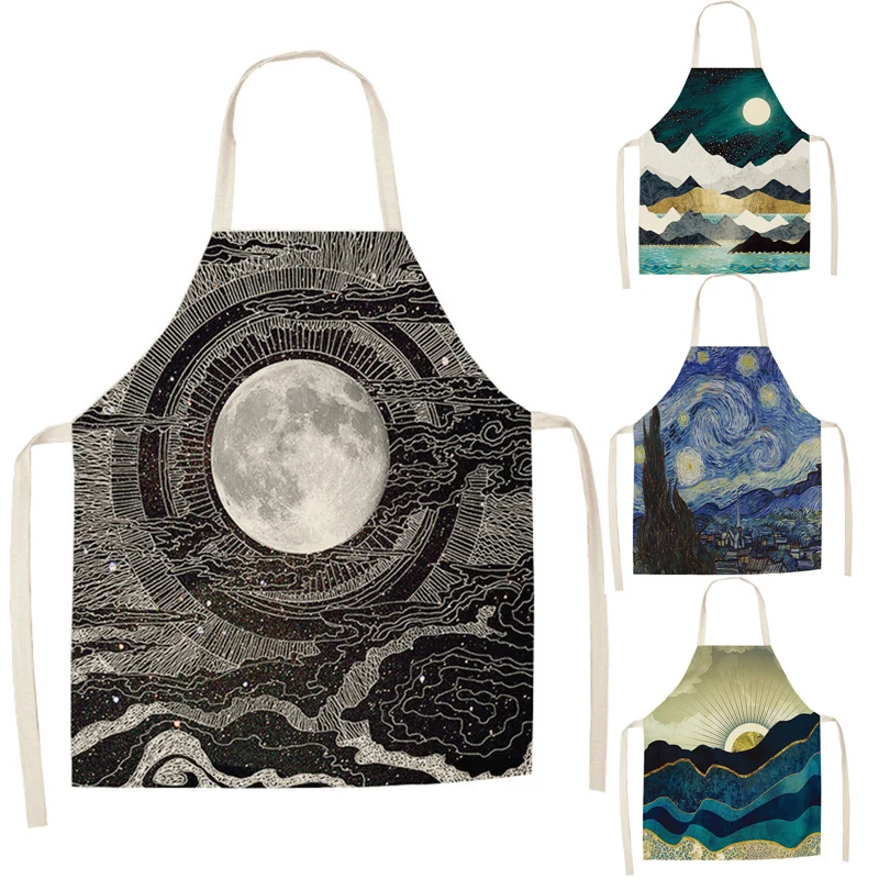

High-Quality Whale Printed Kitchen Aprons for Woman Home Cotton Linen Cooking Baking Apron Coffee Shop Cleaning Accessories