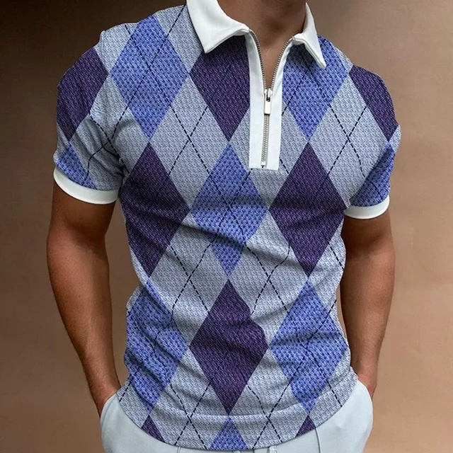 Shirt Fashion Striped Patchwork Short Sleeve Tops For Men Casual Turn-down Collar Zip-up Polo Shirts 2021 Summer Men's Slim Polo PLS-23
