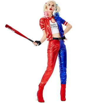 

Women's Suicide Squad Harley Quinn Cosplay Costume for Stage Performance Halloween Make Up Party Jacket Top Pants Gloves 4pcs