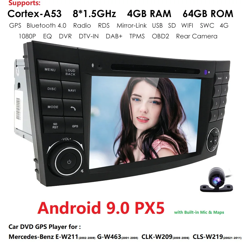 

Android 9.0 Car DVD Player For Mercedes-Benz E Class W211 W209 W219 Octa Core 2DIN GPS Navigation Radio RDS DSP WIFI 4G DAB CAM